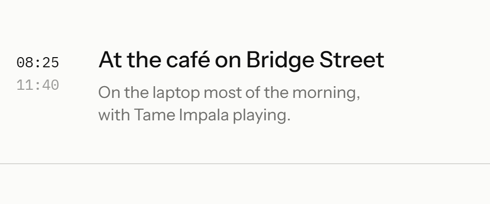 A sample morning as recorded, 08:25 to 11:40: At the café on Bridge Street. On the laptop most of the morning, with Tame Impala playing.