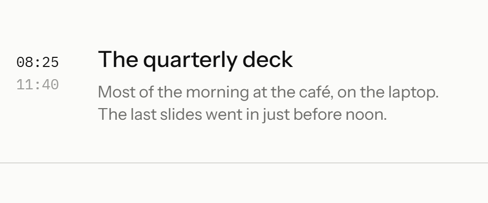 The same morning in your words: The quarterly deck. Most of the morning at the café, on the laptop. The last slides went in just before noon.